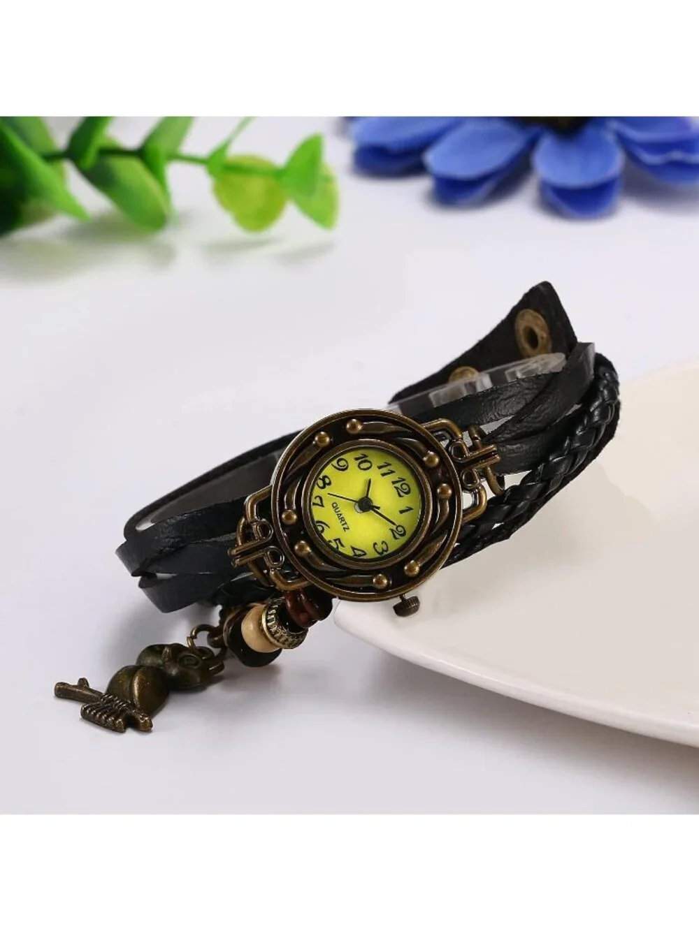 Women's Black Analog Quartz Owl Bracelet Weave Wrap Around Leather Wrist Watch